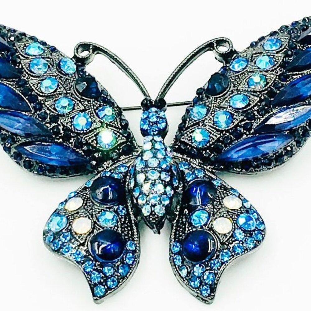 LARGE BLUE BUTTERFLY RHINESTONE BROOCH GRAY TONE METAL